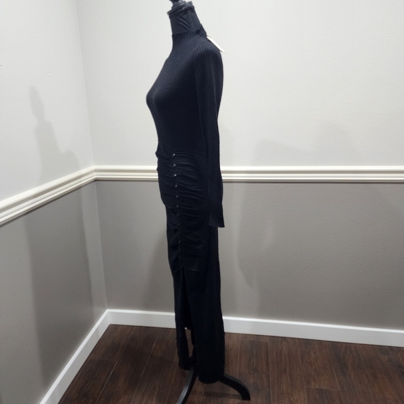 🔥 Sandro-Paris Ruched Wool Blend Midi Leg Slit Long Sleeve Sweater Dress - Picture 7 of 15